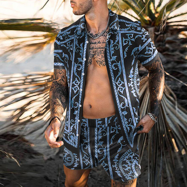  Men's Floral Shirt Set Summer Hawaiian Shirt Graphic Shirt Aloha Shirt Short Sleeve Shirt Turndown Outdoor Casual 3D Print Black Blue Purple Green 3D Print Button-Down Clothing Apparel Fashion