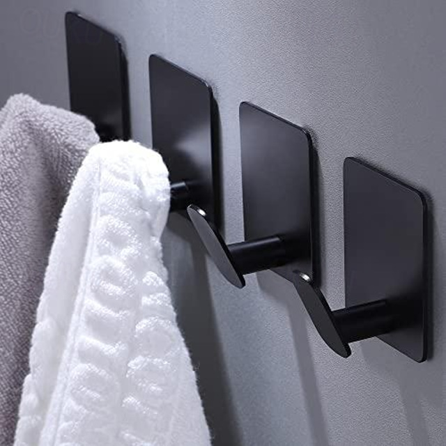  1pc Adhesive Towel Hooks on Wall: Robe Hooks for Hanging Clothes Hats Stick on Bathroom/Kitchen SUS 304 Stainless Steel Silver Black Hooks