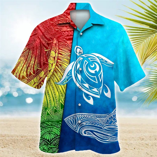  Homme Fleurs tropicales Totem Tortues Chemise Chemise hawaïenne Chemise Aloha Manche Courte Chemise Collier cubain Sportif Mode Vêtement de rue Extérieur Casual Hawaïen bleu marine Bleu Violet S M L