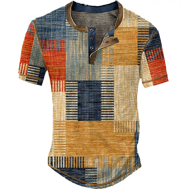  Herre Vaffel Henley skjorte Grafisk Ternet Farveblok Henley Tøj 3D-udskrivning udendørs Daglig Kortærmet Knap Årgang Mode Designer Stilfuld