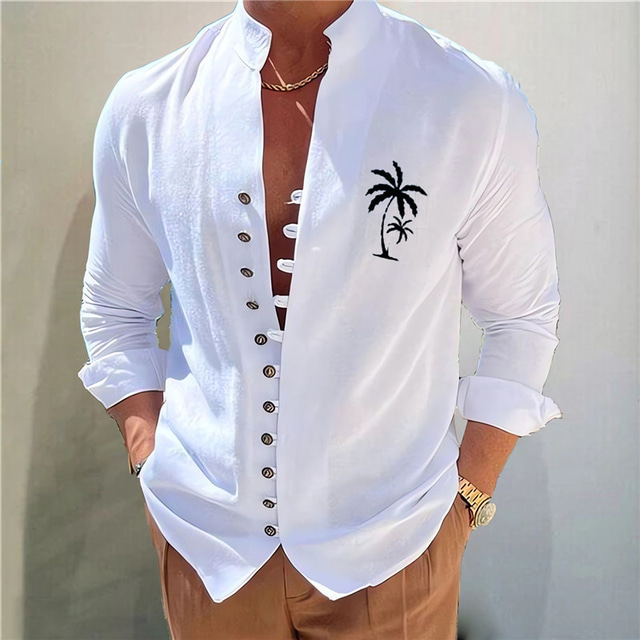  Herre Bomuld Skjorte linned skjorte Kokos palme Grafiske tryk Trykt mønster Langærmet Høj krave Hvid, Lyserød, Blå Skjorte udendørs Gade Afslappet