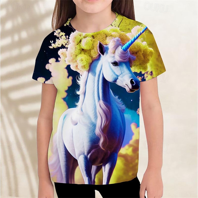  Fete 3D Grafic Inorog Nor Tricou Manșon scurt Tipărire 3D Vară Primăvară Activ Modă Drăguţ Copii 3-12 ani În aer liber Casual Zilnic Fit regulat
