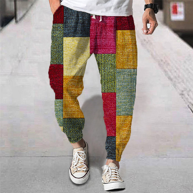  Men's Joggers Trousers Summer Pants Beach Pants Drawstring Elastic Waist 3D Print Color Block Graphic Prints Geometry Comfort Breathable Sports Outdoor Casual Daily Streetwear Designer Yellow Green