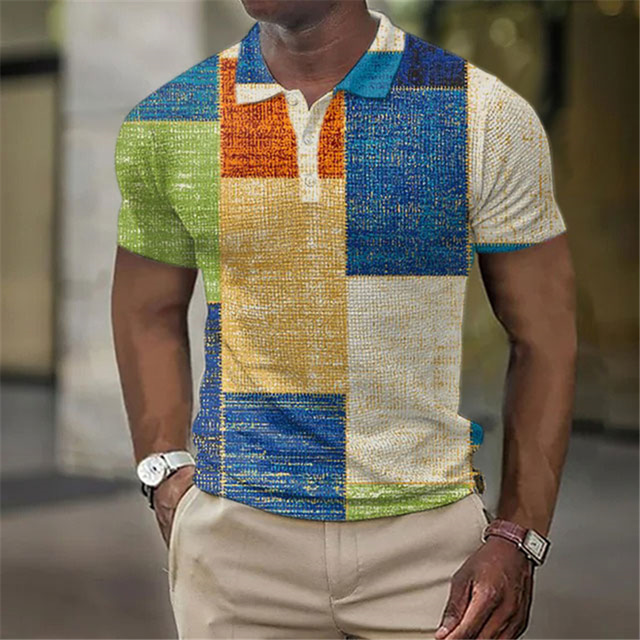  Men's Plaid Waffle Polo Shirts Golf Shirt Short Sleeve Polo Shirts Collared Shirts Vintage Casual Vacation Wear Formal Wear Festival Wear Buttons 3D Print Yellow Red Blue