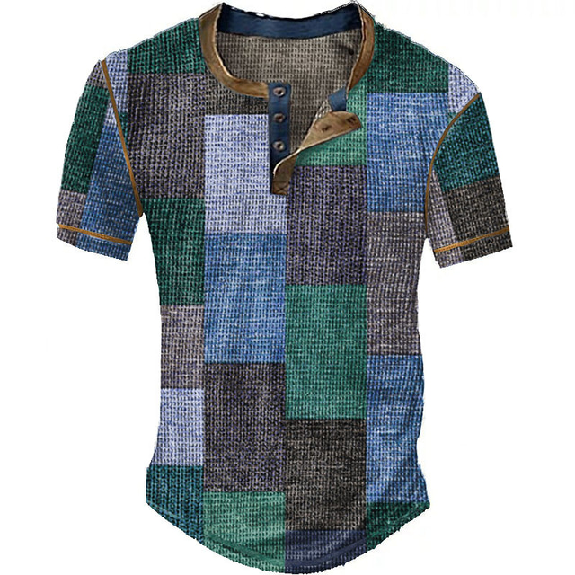  Men's Waffle Henley Shirt Graphic Plaid Color Block Henley Clothing Apparel 3D Print Outdoor Daily Short Sleeve Button Vintage Fashion Designer Stylish Basic