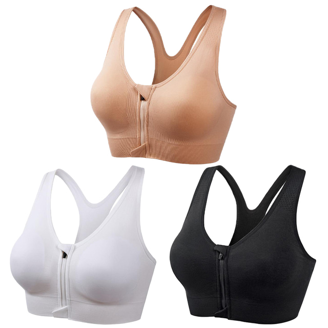  3 Pack Women's High Support Sports Bra Running Bra Seamless Zip Front Racerback Bra Top Padded Yoga Fitness Gym Workout Breathable Shockproof Quick Dry Khaki Black White Solid Colored