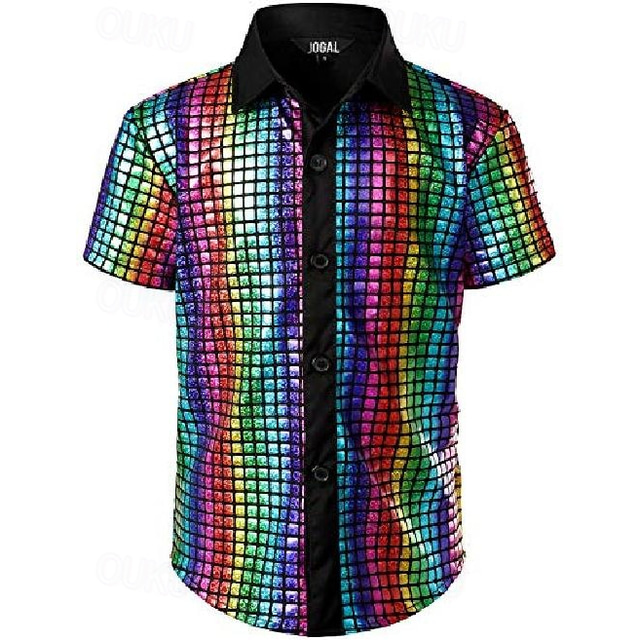  Mens 70s Disco Shirts Metallic Sequins Short Sleeve Button Down Shirts Retro Vintage 1970s Costume Performance Party Stage Halloween