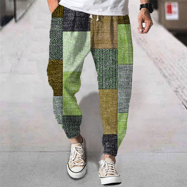  Men's Joggers Trousers Summer Pants Beach Pants Drawstring Elastic Waist 3D Print Color Block Graphic Prints Geometry Comfort Breathable Sports Outdoor Casual Daily Streetwear Designer Yellow Green