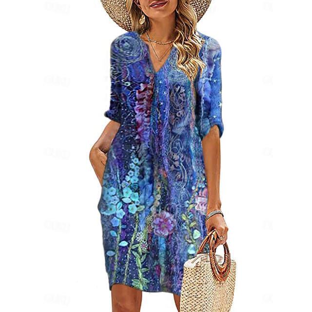  Women‘s Casual Dress Ethnic Dress Shift Dress Midi Dress Leopard Black White Half Sleeve Floral Print Summer Spring V Neck Basic Daily Vacation Weekend 2023 S M L XL XXL 3XL