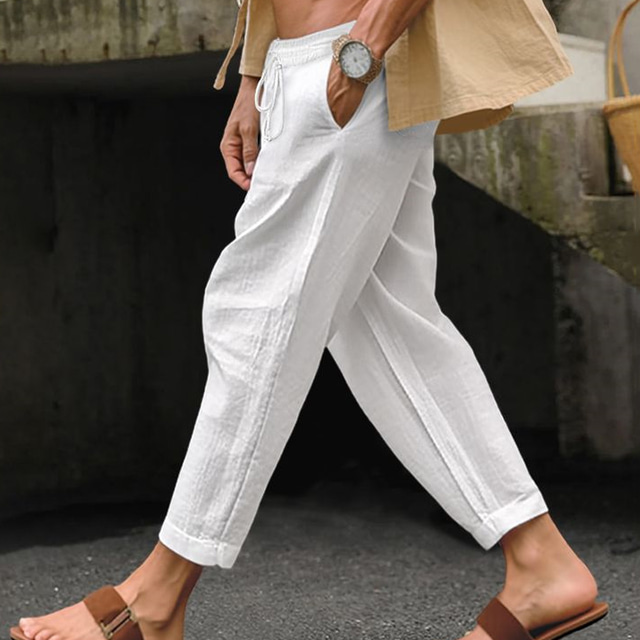  Men's Linen Pants Trousers Summer Pants Beach Pants Drawstring Elastic Waist Straight Leg Plain Comfort Breathable Casual Daily Holiday Linen / Cotton Blend Fashion Classic Style Black White