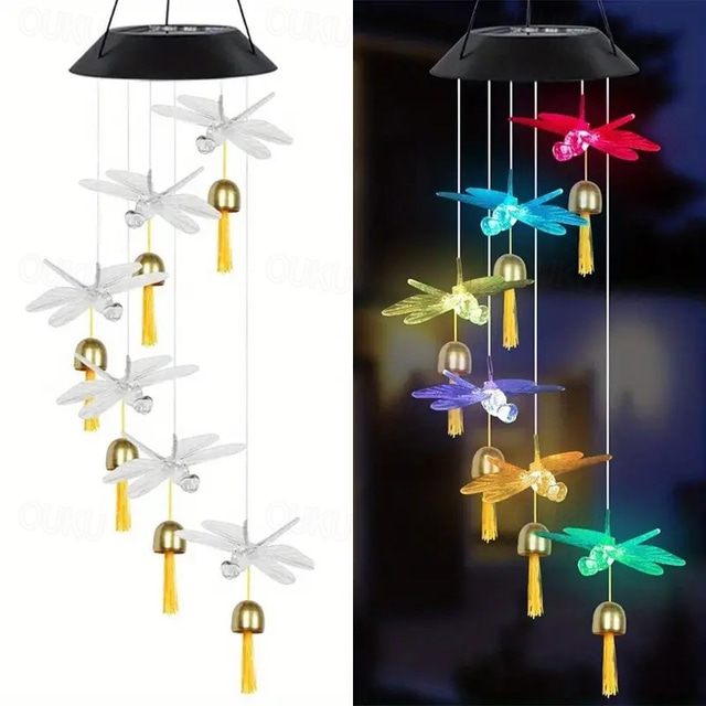  Solar Wind Chimes Bell Dragonfly LED Lights Outdoor Waterproof Auto Light Color-Changing Solar Powered Hanging Lights for Courtyard Garden Patio Festival Decoration