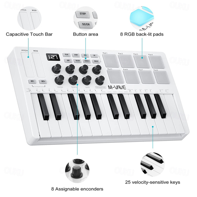 25Key MIDI Control Keyboard Mini Portable USB Keyboard MIDI Controller