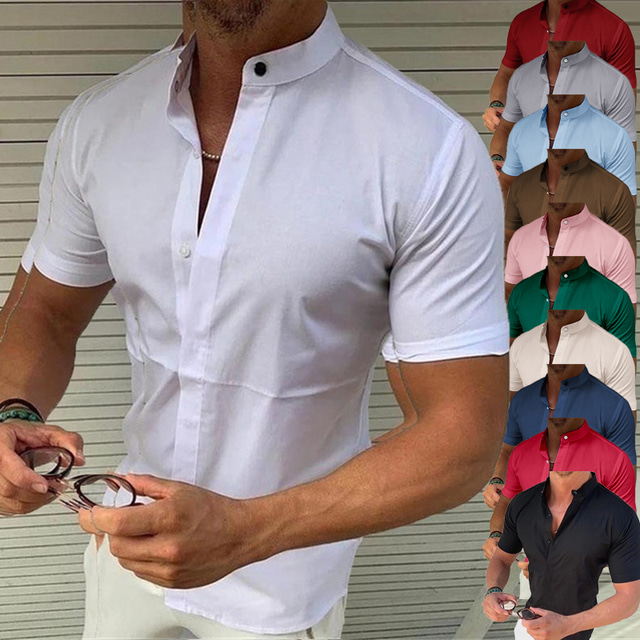  Homens Camisa Social camisa de verão Côr Sólida Colarinho Chinês Preto Branco Rosa Vermelho Azul Marinha Ao ar livre Rua Manga Curta Botão para baixo Roupa Moda Casual Respirável Confortável