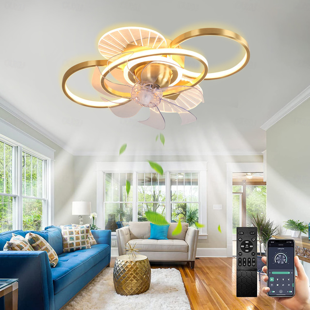  Ceiling Fan with Light Dimmable Circle Design Crystal 62cm 6 Wind Speeds Modern Ceiling Fan for Bedroom, Living Room App & Remote Control 110-240V
