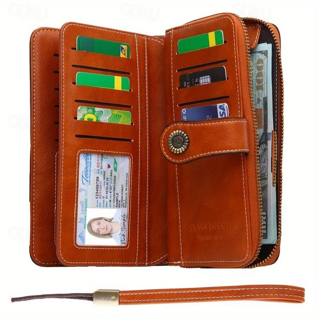  Women's RFID Blocking Faux Leather Wallet – Large Capacity Zipper Clutch with 24 Card Slots & Wrist Strap