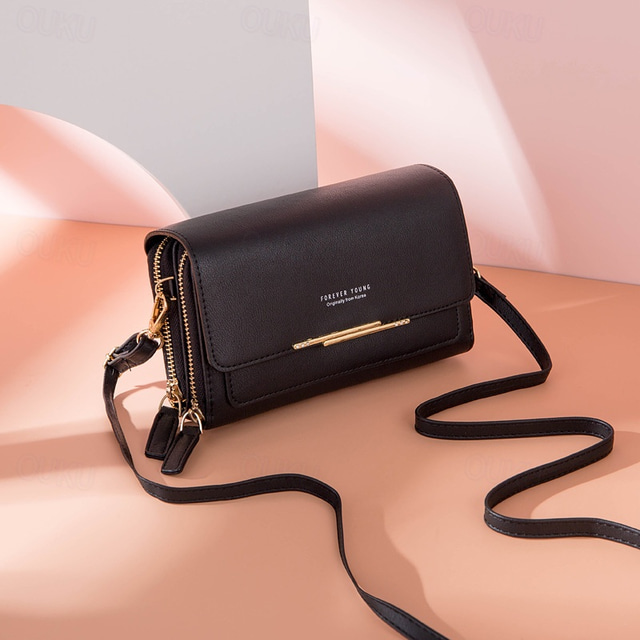  Women's Black Crossbody Wallet Bag with Gold Accents and Adjustable Strap - Compact and Stylish Shoulder Bag for Everyday Use