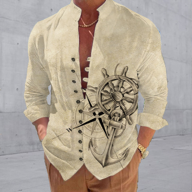  Voor heren Watersport Anker Wijnoogst Overhemd Overhemd met knopen Lange mouw Vintage Modieus Streetwear Buiten Casual Dagelijks Zomer Lente Herfst Opstaand Afdrukken Wit Geel blauw Groen Khaki