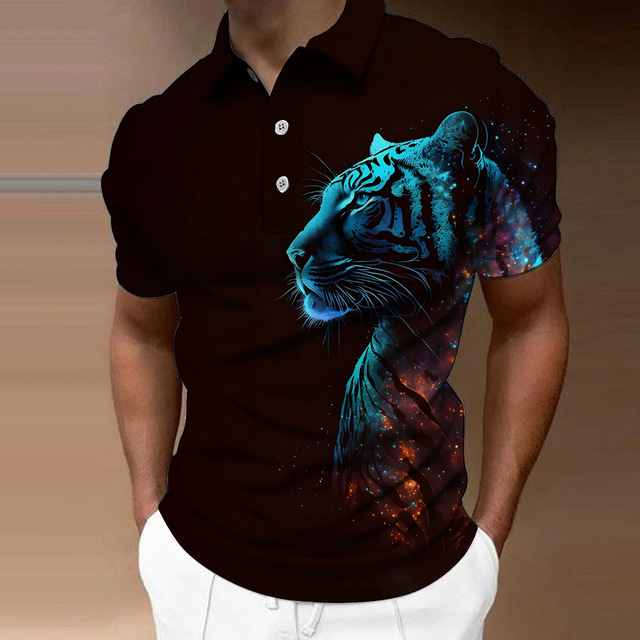  Men's Polo Shirt Lapel Polo Button Up Polos Golf Shirt Animal Lion Tiger Graphic Prints Turndown Black Blue Outdoor Street Short Sleeves Print Clothing Apparel Sports Fashion Streetwear Designer