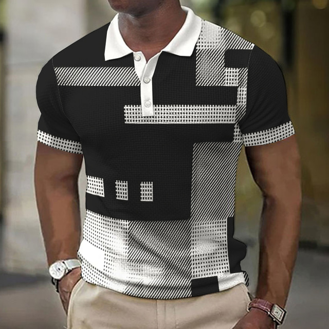  Men's Polo Shirt Waffle Polo Shirt Lapel Polo Button Up Polos Golf Shirt Striped Plaid / Check Graphic Prints Geometry Turndown Black Pink Blue Green Outdoor Street Short Sleeve Print Clothing Apparel