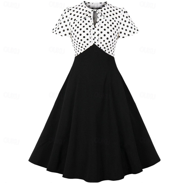  Polka Dot Retro / vintage Femtiotal Middag A-Line Klänning Swing klänning Flare Klänning Färgblockering Prickig Rosett bunden hals Dam Maskerad Ledigt / vardag Möhippa Vuxna Klänning