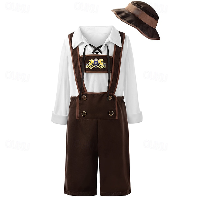  Boys Oktoberfest Costume Traditional German Beer Outfit Lederhosen Shirt Hat 3 Pieces Munich Bavarian Costume for Kids