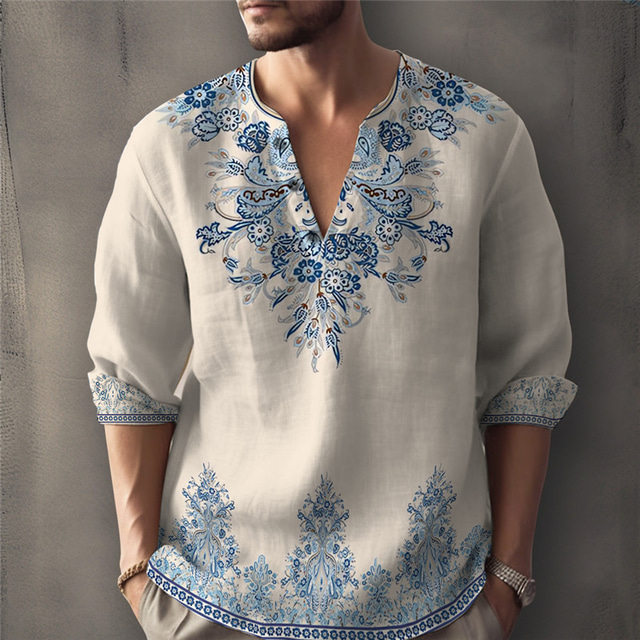  Men's Shirt Floral Graphic Prints Stand Collar Blue Khaki Gray Outdoor Street Long Sleeve Print Clothing Apparel Fashion Streetwear Designer Casual