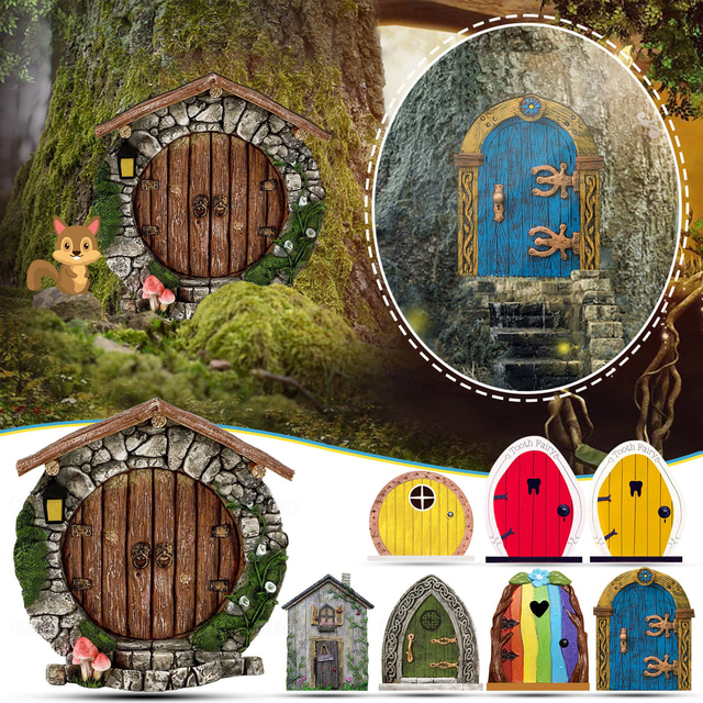  Miniature Fairy Gnome Door Figurines Elf Home For Yard Art Garden Tree Sculpture Decor Statues Decor Fairy Outdoor Garden