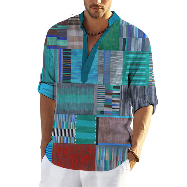  Men's Color Block Plaid / Check Geometric Pattern Shirt Button Up Shirt Long Sleeve Fashion Streetwear Designer Street Daily Summer Spring Fall Stand Collar Print Red Blue Purple Green