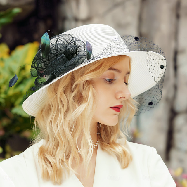  Hats Polyester Fiber Bowler / Cloche Hat Bucket Hat Straw Hat Wedding Tea Party Elegant Wedding With Feather Lace Side Headpiece Headwear