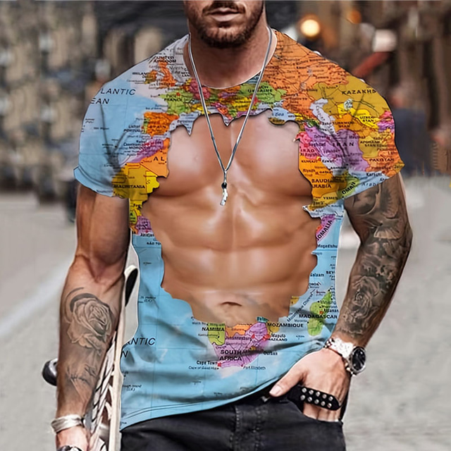  Homens Camiseta Gráfico Mapa mundial Músculo Gola Redonda Roupa Impressão 3D Ao ar livre Diário Manga Curta Imprimir Vintage Moda Designer