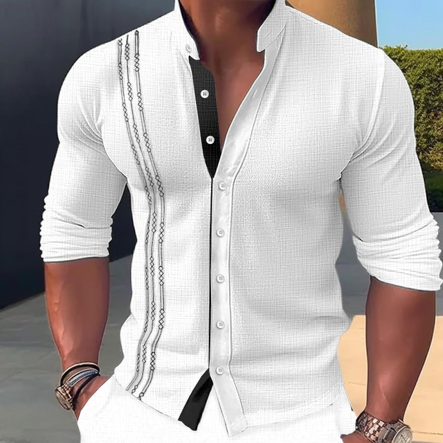  Men's Shirt Linen Shirt Embroidered Button Up Shirt Casual Shirt Summer Shirt Beach Shirt Black White Pink Long Sleeve Standing Collar Spring & Summer Casual Daily Clothing Apparel Embroidered