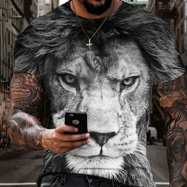  Herre T-shirt Grafisk Dyr Løve Rund hals Tøj 3D-udskrivning udendørs Daglig Kortærmet Trykt mønster Årgang Mode Designer