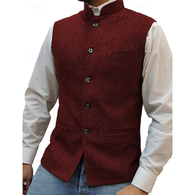  Men's Vest Waistcoat Nehru Jacket Vacation Daily Wear Going out Fashion Basic Spring &  Fall Buttons Polyester Comfortable Plain Single Breasted Stand Collar Regular Fit Silver Wine Black Blue Vest