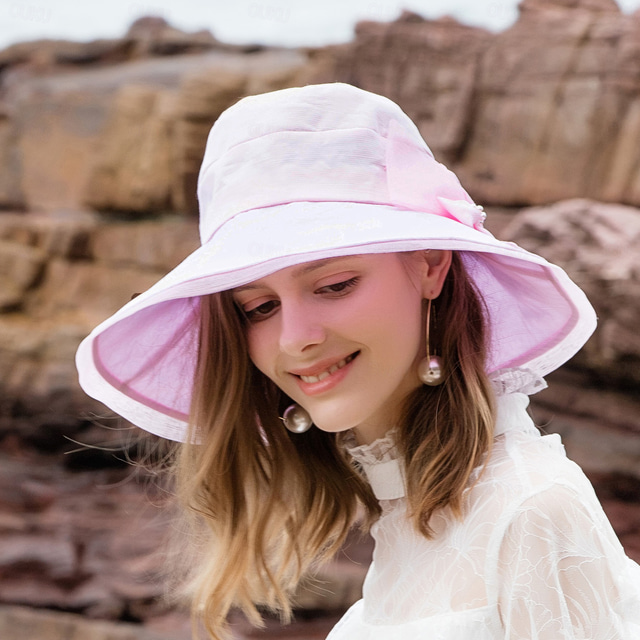  hatter organza bøtte lue floppy lue solhatt bryllup uformell enkel elegant romantisk med sløyfe imitert perle hodeplagg hodeplagg