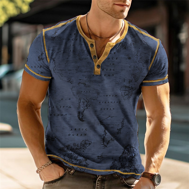  Men's Henley Shirt Graphic Map Henley Clothing Apparel 3D Print Outdoor Daily Short Sleeve Print Button-Down Fashion Designer Comfortable