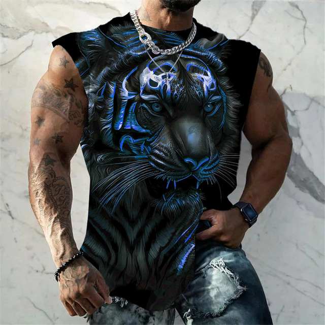  Men's Graphic Animal Tiger Vest Top Sleeveless T Shirt for Men Sleeveless T shirt 3D Print Crew Neck Shirt Fashion Designer Muscle Daily Sports Gym Blue Red Orange Spring & Summer Clothing Apparel S