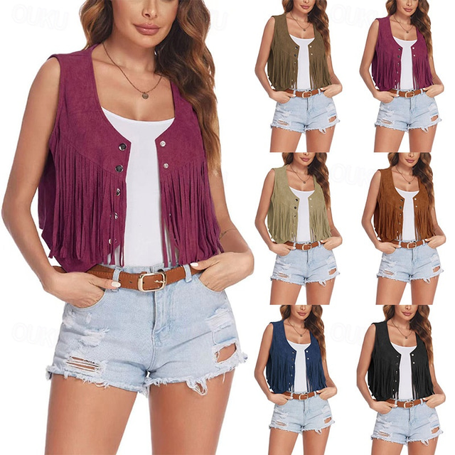  Retro Vintage 1970s Suede Vest Hippie Tassel Fringe Women's Carnival Masquerade Party Pride Parade Pride Month Adults' Vest