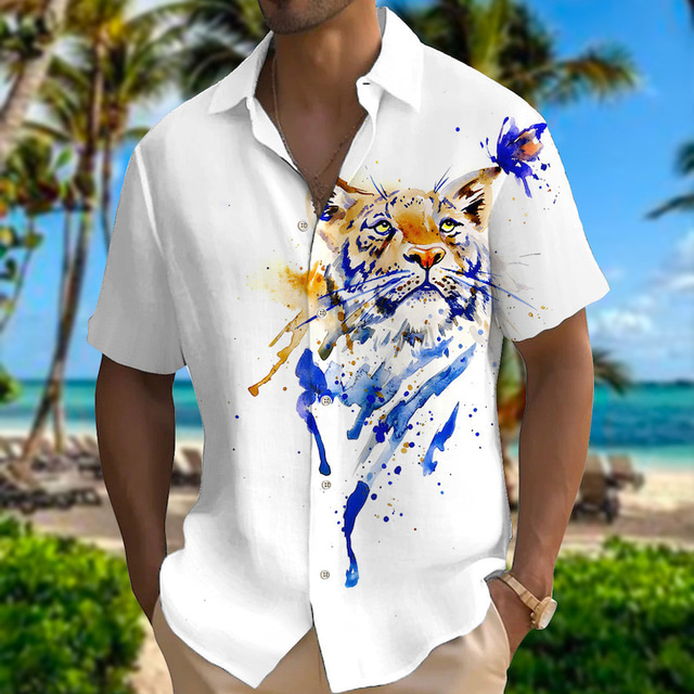  Homens Camisa Social Animal Tigre Estampas Abstratas Aberto para a Lateral Amarelo Claro Preto Branco Amarelo Vermelho Ao ar livre Rua Manga Curta Imprimir Roupa Moda Designer Casual Macia