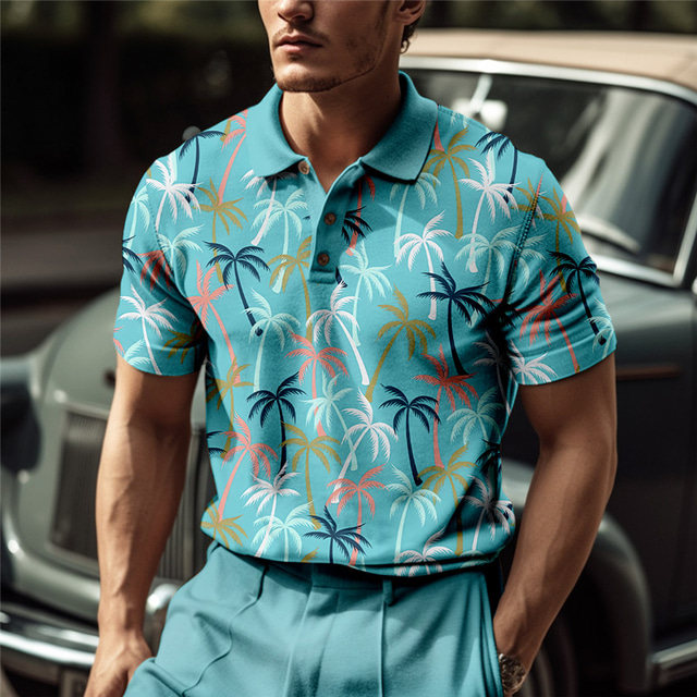  Men's Polo Shirt Lapel Polo Button Up Polos Golf Shirt Coconut Tree Graphic Prints Turndown Blue-Green Pink Blue Green Khaki Outdoor Street Short Sleeves Print Clothing Apparel Sports Fashion