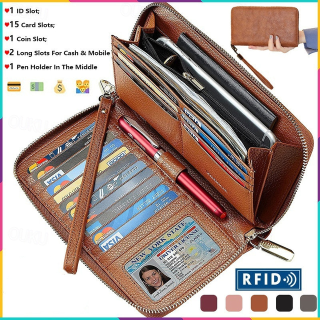  Women's Wallet Mobile Phone Bag PU Leather Outdoor Daily Zipper Large Capacity Lightweight Durable Solid Color Almond Wine Red Black