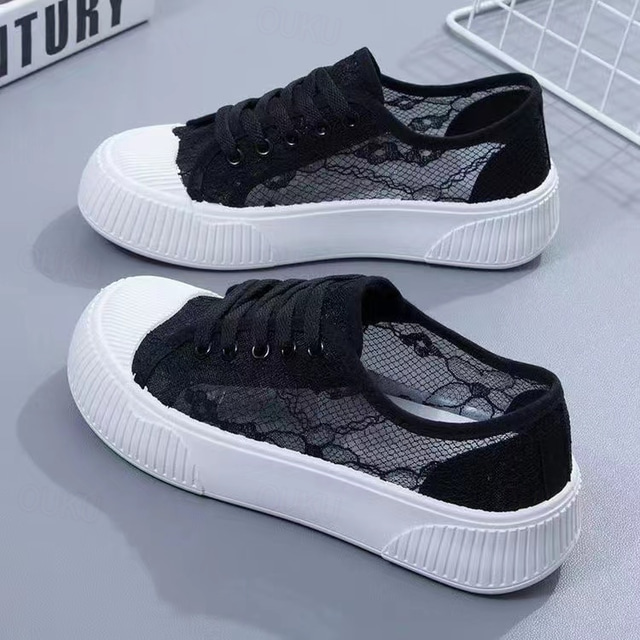  Women's Sneakers Canvas Shoes Comfort Shoes Outdoor Daily Solid Color Flat Heel Round Toe Elegant Casual Minimalism Walking Mesh Lace-up white[8317] Black[8317] Khaki