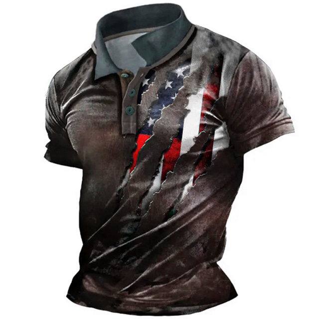  Men's Polo Shirt Lapel Polo Button Up Polos Golf Shirt Graphic Prints Paw American Flag Turndown Red Green Dark Gray Gray Outdoor Street Short Sleeves Print Clothing Apparel Sports Fashion Streetwear