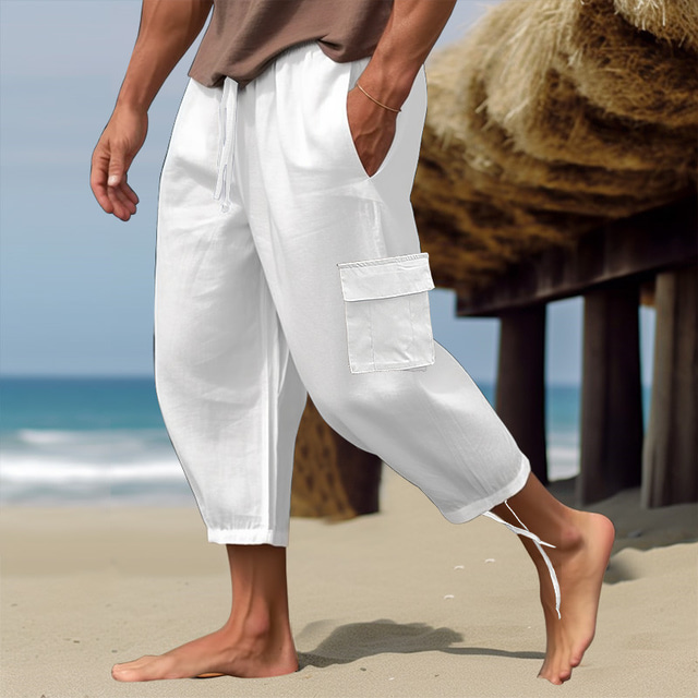  Men's Cargo Pants Linen Pants Summer Pants Beach Pants Drawstring Elastic Waist Plain Comfort Breathable Casual Daily Holiday Fashion Classic Style Black White