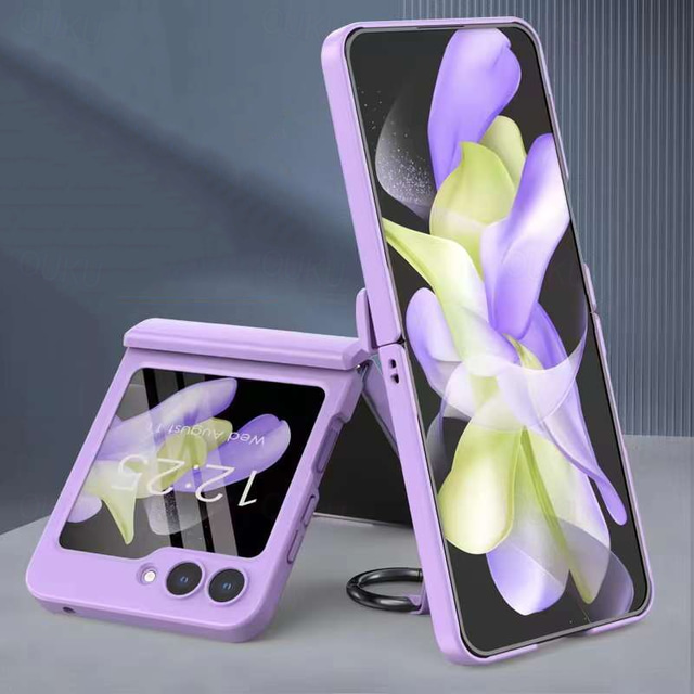  telefoon hoesje Voor Samsung Galaxy Z Flip 7 Z Flip 5 Achterkant Draagbaar met standaard en schermbeschermer Effen Kleur Gehard glas PC