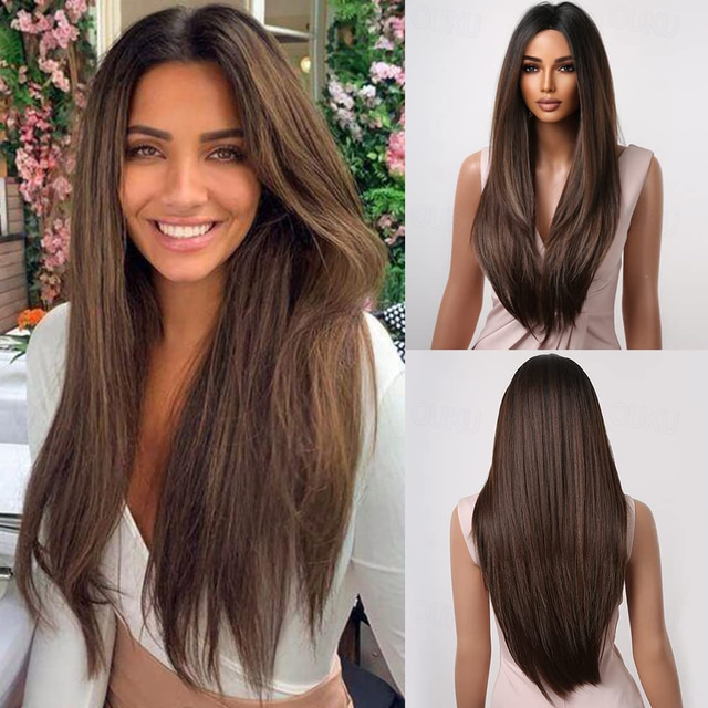  pelucas marrones para mujer peluca sintética larga recta en capas cabello natural parte media