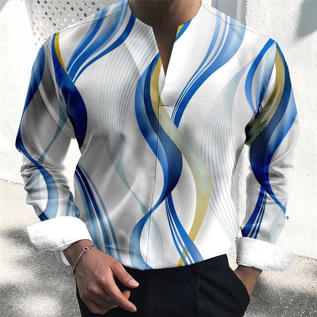  Men's Shirt Curve Graphic Prints Geometry V Neck Blue-Green Wine Blue Green Gray Outdoor Street Long Sleeve Print Clothing Apparel Fashion Streetwear Designer Casual