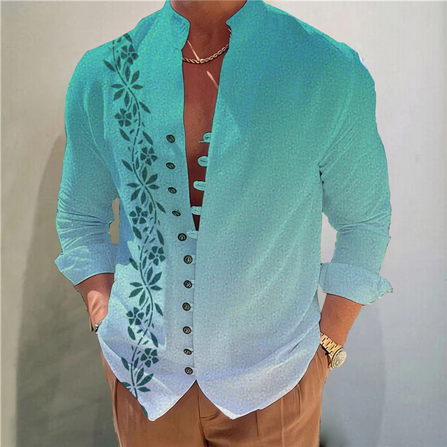  Men's Shirt Gradient Graphic Prints Leaves Stand Collar Blue-Green Yellow Pink Blue Purple Outdoor Street Long Sleeve Print Clothing Apparel Fashion Streetwear Designer Casual