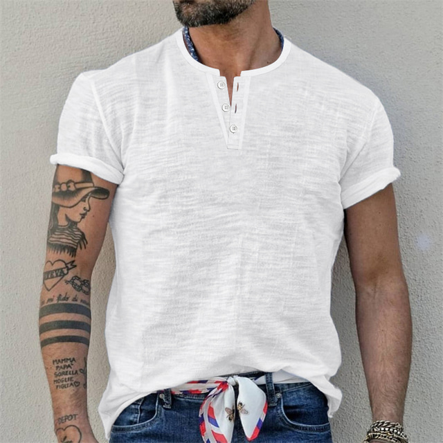  Men's T shirt Tee Henley Shirt Plain Henley Street Holiday Short Sleeve Clothing Apparel Fashion Casual Comfortable
