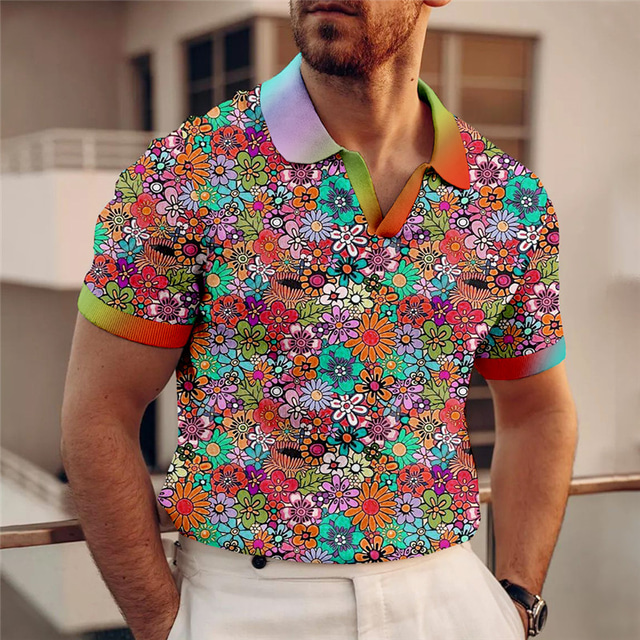  Kentucky Derby Herr Blommig Hawaiian pikétröjor Golftröja Kortärmad Polotröjor V-hals Ledigt Standkläder Semesterkläder Tropical Wear Festkläder 3D-utskrift Blågrön Gul Rubinrött