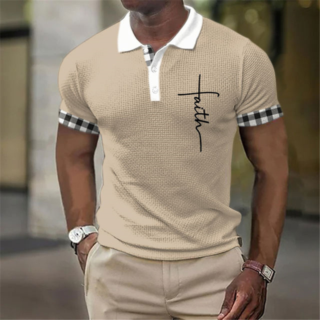  Men's Plaid Graphic Prints Cross Waffle Polo Shirt Polo Shirt Lapel Polo Button Up Polos Golf Shirt Short Sleeve Shirt Turndown Outdoor Street Black White Navy Blue Khaki Gray Print Clothing Apparel